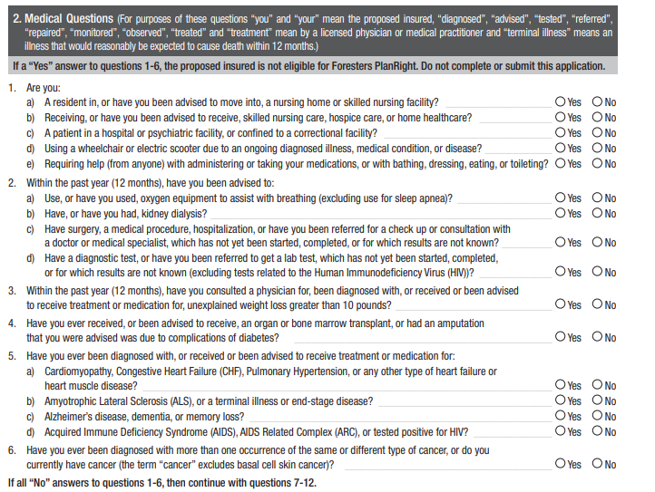 Foresters Life PlanRight Medical Questions