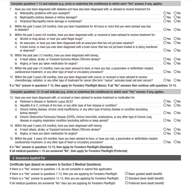 foresters life planright medical questions 2